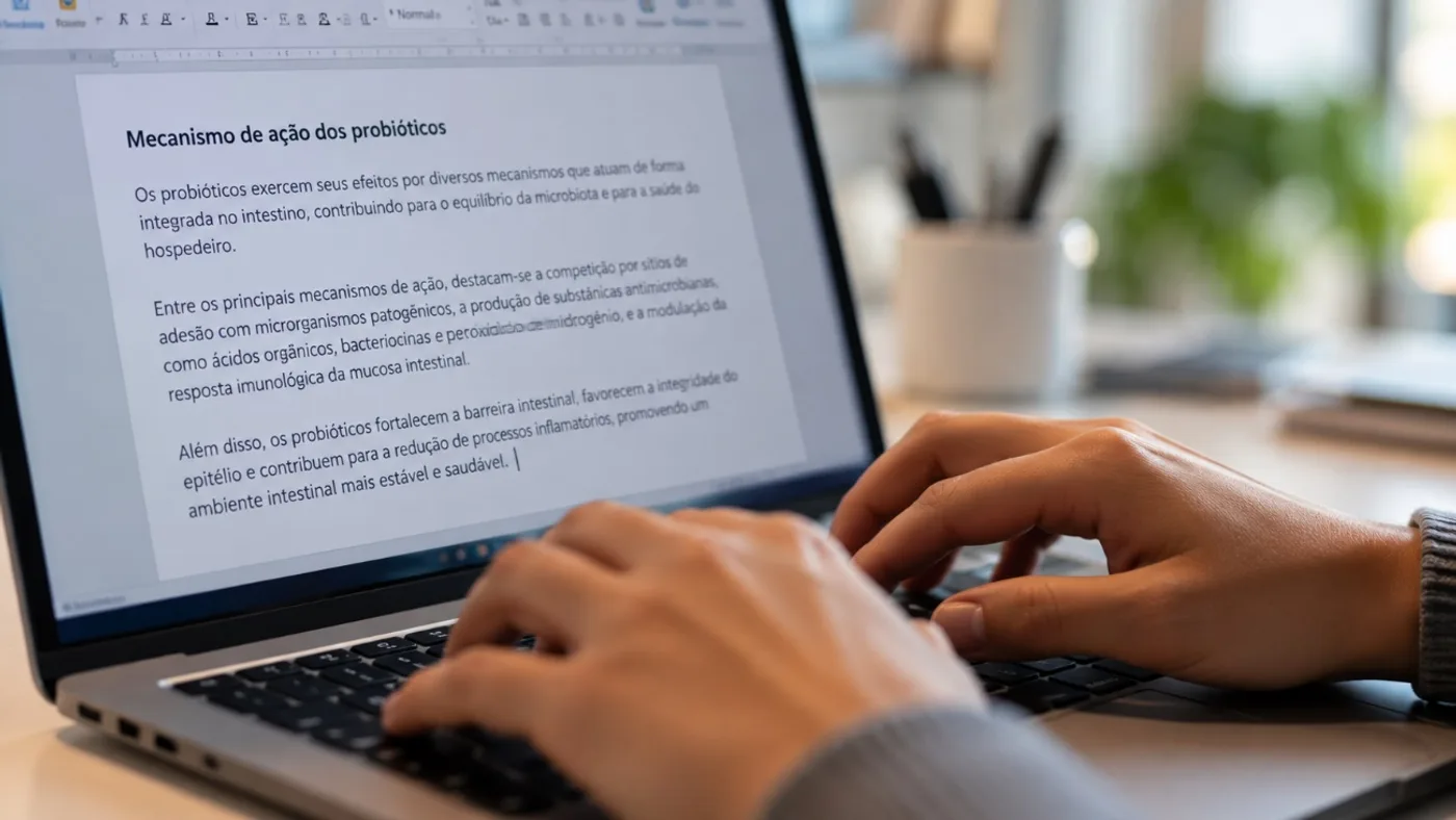 Profissional redigindo um conteúdo técnico em um notebook
