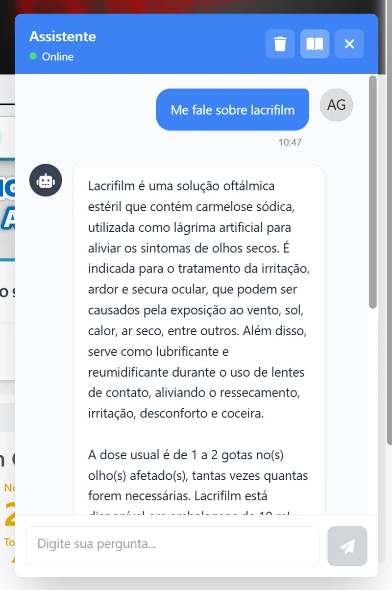 Assistente virtual com inteligência artificial respondendo dúvidas sobre um produto, dentro de um LMS Graphis