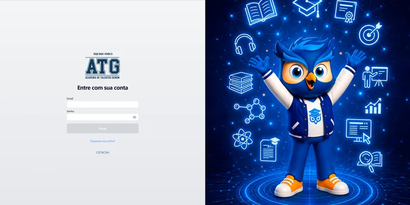 Tela de login personalizada com mascote e identidade visual do cliente, em um LMS Graphis